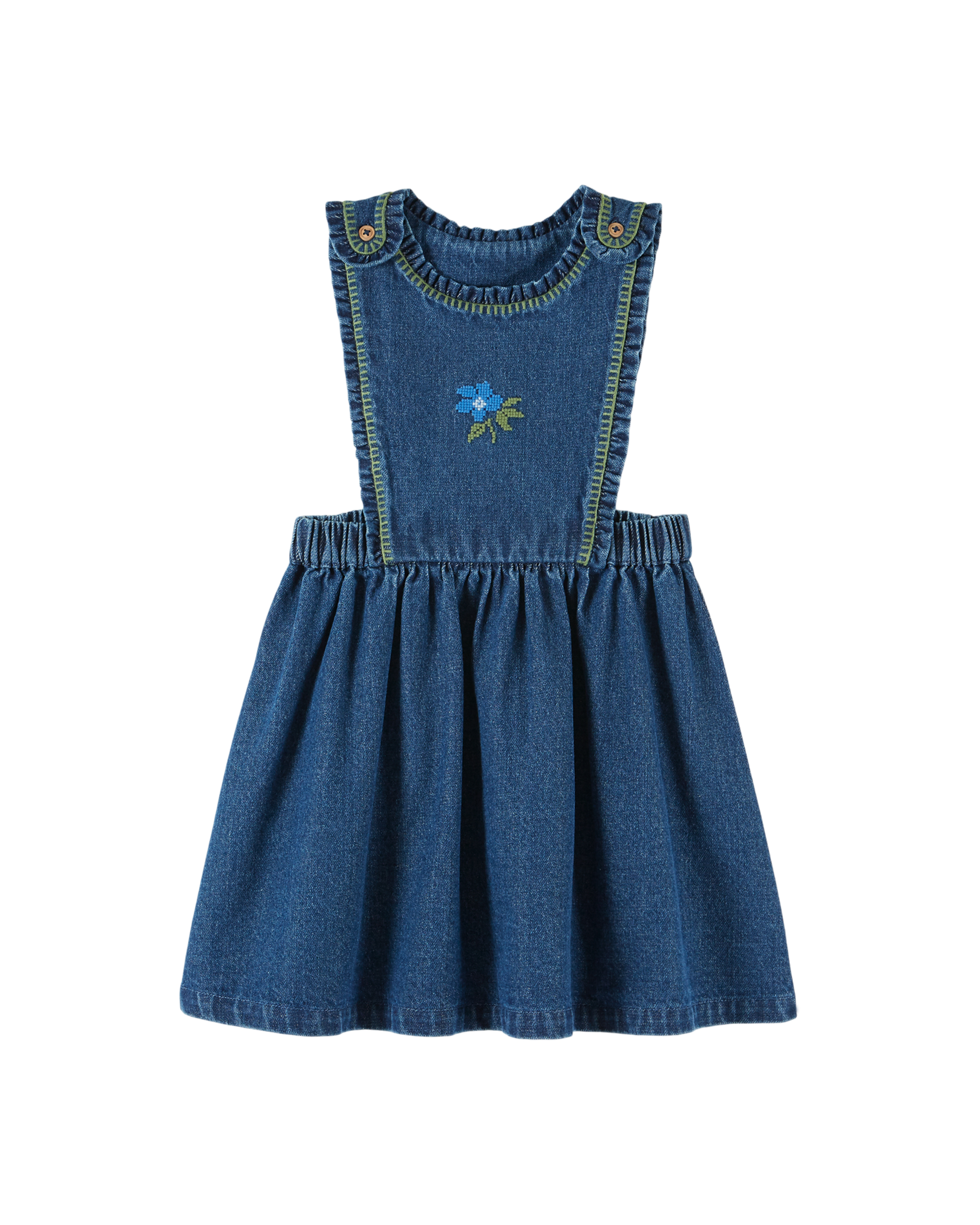EMBROIDERED DENIM PINAFORE DRESS