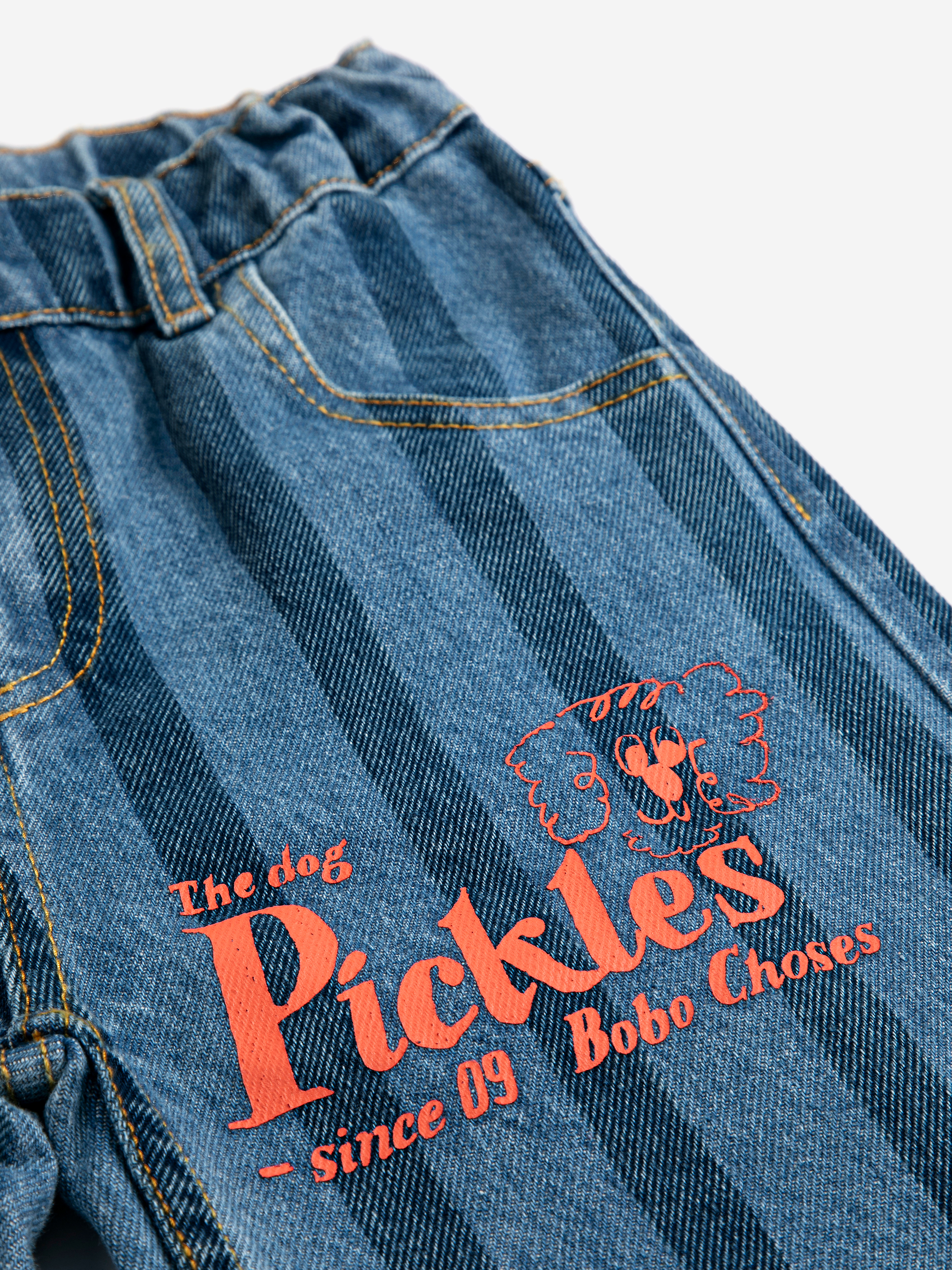 PICKLES THE DOG STRIPED DENIM PANTS