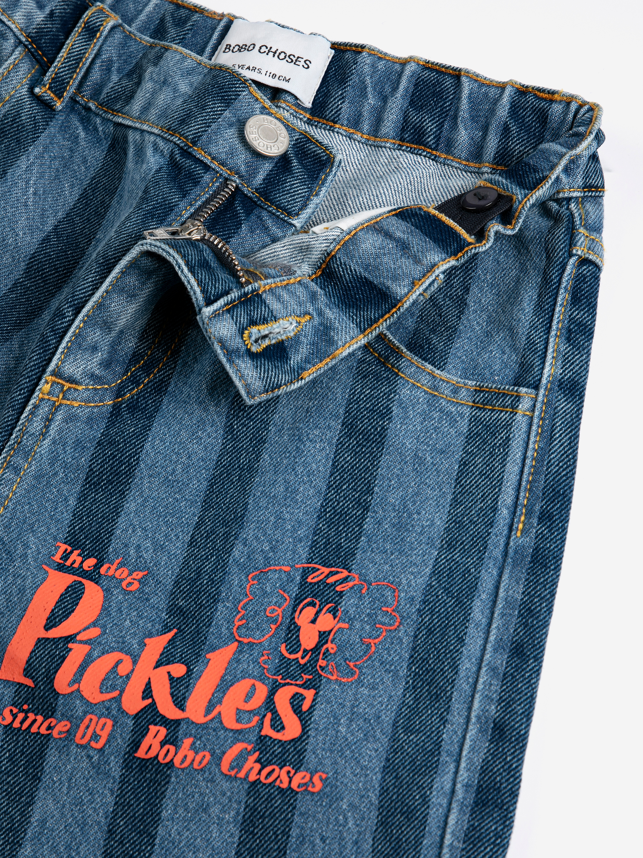 PICKLES THE DOG STRIPED DENIM PANTS